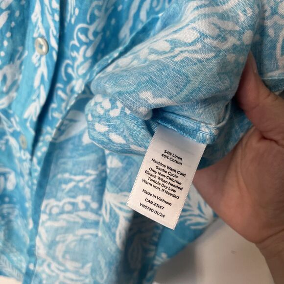 Talbots Linen Midi Dress Womens 8 Blue Floral Button Tie Collar Coastal Beach - Picture 6 of 9